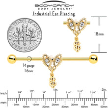 Load image into Gallery viewer, 14G Clear Gem Gold Hue Seeing Money Dangle Industrial Barbell 38mm

