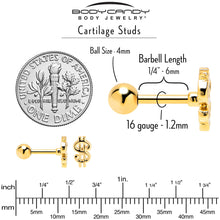 Load image into Gallery viewer, 16G 1/4 Gold Tone Dollar Sign Cartilage Tragus Earring
