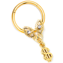 Load image into Gallery viewer, 16G 3/8 Clear Gem Gold Hue Seeing Money Dangle Hinged Segment Ring
