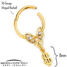 Load image into Gallery viewer, 16G 3/8 Clear Gem Gold Hue Seeing Money Dangle Hinged Segment Ring
