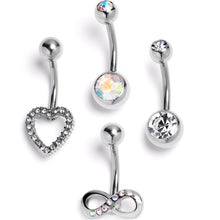 Load image into Gallery viewer, Clear Aurora Gem Heart Infinity Belly Ring Set of 4
