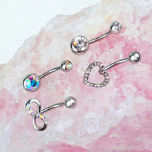 Load image into Gallery viewer, Clear Aurora Gem Heart Infinity Belly Ring Set of 4
