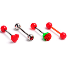 Load image into Gallery viewer, Red Gem Rose Heart Barbell Tongue Ring Set of 4
