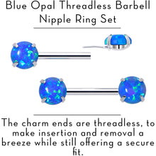Load image into Gallery viewer, 14G 1/2 Blue Synthetic Opal Threadless Barbell Nipple Ring Set
