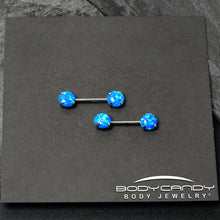 Load image into Gallery viewer, 14G 1/2 Blue Synthetic Opal Threadless Barbell Nipple Ring Set
