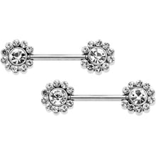 Load image into Gallery viewer, 14G 9/16 Clear CZ Gem Flower Threadless Barbell Nipple Ring Set

