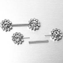 Load image into Gallery viewer, 14G 9/16 Clear CZ Gem Flower Threadless Barbell Nipple Ring Set
