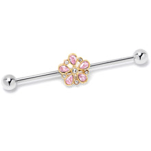 Load image into Gallery viewer, 14G Pink Gem Filigree Flower Fantasy Industrial Barbell 38mm
