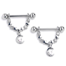 Load image into Gallery viewer, 14G 9/16 Clear Gem Crescent Moon Stars Dangle Nipple Ring Set
