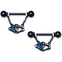 Load image into Gallery viewer, 14G 9/16 Aurora Gem Black Saturn Space Moon Dangle Nipple Ring Set
