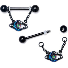 Load image into Gallery viewer, 14G 9/16 Aurora Gem Black Saturn Space Moon Dangle Nipple Ring Set
