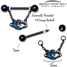 Load image into Gallery viewer, 14G 9/16 Aurora Gem Black Saturn Space Moon Dangle Nipple Ring Set
