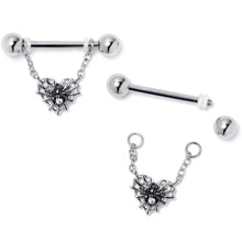 Load image into Gallery viewer, 14G 9/16 Clear CZ Gem Heart of Spider Chain Dangle Nipple Ring Set
