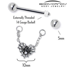Load image into Gallery viewer, 14G 9/16 Clear CZ Gem Heart of Spider Chain Dangle Nipple Ring Set
