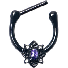 Load image into Gallery viewer, 16G 5/16 Purple Gem Black Scrolling Hearts Cartilage Clicker
