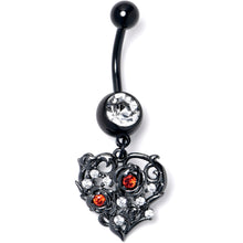 Load image into Gallery viewer, Clear Red CZ Gem Black Heart Floral Dangle Belly Ring
