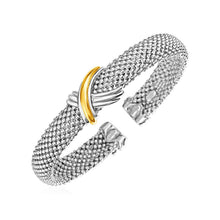 Load image into Gallery viewer, Popcorn Texture Cuff Bangle with X Motif in Sterling Silver and 18k Yellow Gold
