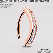 Load image into Gallery viewer, 14G 3/8  Rose Implant Grade Titanium CZ Paved Hinged Hoop Belly Ring
