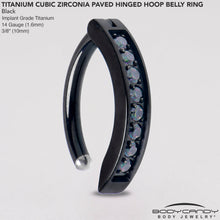 Load image into Gallery viewer, 14G 3/8  Black Implant Grade Titanium CZ Paved Hinged Hoop Belly Ring

