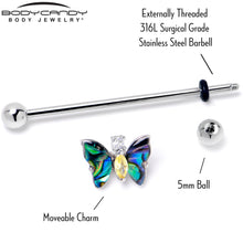 Load image into Gallery viewer, 14G Yellow Clear Gem Dark Butterfly Industrial Barbell 38mm
