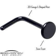 Load image into Gallery viewer, 20G 1/4 Black ASTM F-136 Implant Grade Titanium 3mm Disc End L Shape Nose Ring
