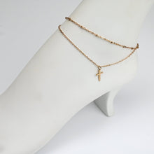 Load image into Gallery viewer, Rose Gold Tone Cross Dangle Double Wrap Stainless Steel Ankle Bracelet
