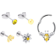 Load image into Gallery viewer, 16G Yellow Gem Bee Flower Labret Segment Ring Ear Curation Set of 5
