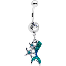 Load image into Gallery viewer, Blue Clear Gem Green Mermaid Tail Stars Dangle Belly Ring
