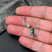 Load image into Gallery viewer, Blue Clear Gem Green Mermaid Tail Stars Dangle Belly Ring

