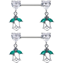 Load image into Gallery viewer, 14G 9/16 Clear CZ Gem Hearts And Roses Dangle Nipple Ring Set

