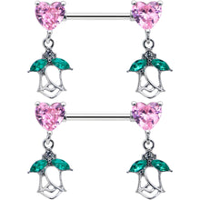 Load image into Gallery viewer, 14G 9/16 Pink CZ Gem Hearts And Roses Dangle Nipple Ring Set
