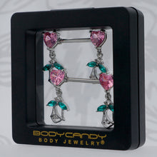 Load image into Gallery viewer, 14G 9/16 Pink CZ Gem Hearts And Roses Dangle Nipple Ring Set
