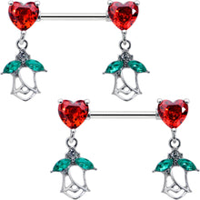 Load image into Gallery viewer, 14G 9/16 Red CZ Gem Hearts And Roses Dangle Nipple Ring Set
