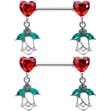 Load image into Gallery viewer, 14G 9/16 Red CZ Gem Hearts And Roses Dangle Nipple Ring Set

