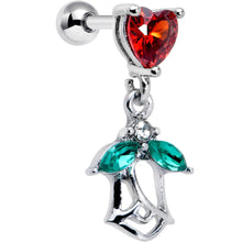 Load image into Gallery viewer, 16G 1/4 Red CZ Gem Heart And Rose Dangle Cartilage Earring

