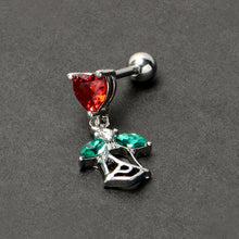 Load image into Gallery viewer, 16G 1/4 Red CZ Gem Heart And Rose Dangle Cartilage Earring
