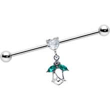 Load image into Gallery viewer, 14G Clear CZ Gem Heart And Rose Dangle Industrial Barbell 38mm
