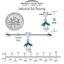 Load image into Gallery viewer, 14G Clear CZ Gem Heart And Rose Dangle Industrial Barbell 38mm
