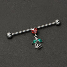 Load image into Gallery viewer, 14G Red CZ Gem Heart And Rose Dangle Industrial Barbell 38mm
