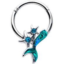 Load image into Gallery viewer, 16G 3/8 Blue Gem Green Mermaid Tail Stars Hinged Segment Ring
