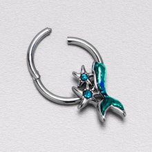 Load image into Gallery viewer, 16G 3/8 Blue Gem Green Mermaid Tail Stars Hinged Segment Ring
