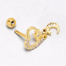 Load image into Gallery viewer, 16G 1/4 Clear CZ Gem Gold Tone Heart Moon Dangle Cartilage Earring
