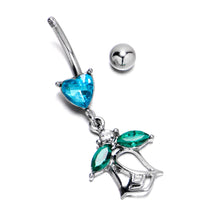 Load image into Gallery viewer, Blue CZ Gem Heart And Rose Dangle Belly Ring
