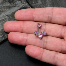 Load image into Gallery viewer, Pink CZ Gem Hearts Butterflies Purple Double Mount Belly Ring
