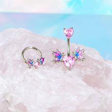 Load image into Gallery viewer, Pink CZ Gem Hearts Butterflies Purple Double Mount Belly Ring
