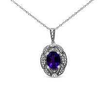 Load image into Gallery viewer, .925 Sterling Silver Diamond Accent and 9x7mm Purple Oval Amethyst Gemstone Pendant 18" Necklace (I-J Color, I1-I2 Clarity)
