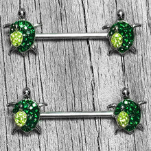 Load image into Gallery viewer, 14G 9/16 Green Gem Turtle World Barbell Nipple Ring Set
