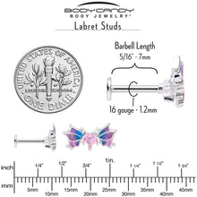 Load image into Gallery viewer, 16G 5/16 Pink CZ Gem Heart Butterfly Labret Monroe Tragus
