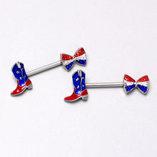 Load image into Gallery viewer, 14G 9/16 Red Blue Gem Bow Cowboy Boot Patriotic Nipple Ring Set

