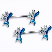 Load image into Gallery viewer, 14G 9/16 Blue Gem Blue Mermaid Tail Stars Barbell Nipple Ring  Set
